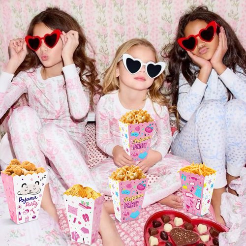 CHENRINDECO 24Pcs Pajama Party Popcorn Boxes Girls Sleepover Party Popcorn Container Slumber Favor Bags Boxes for Girls Pajamas Slumber Night Out Party Decoration