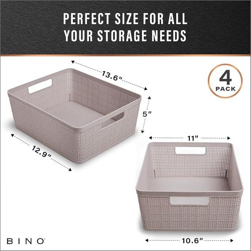 BINO Woven Plastic Basket - Stylish Home Organization | Small Natural Grey, 4-Pack | Space-Saving Design