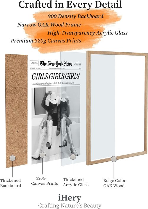 iHery Framed Cowgirl Wall Art - Trendy Black and White Canvas Decor | 12x16in Natural Oak Wood