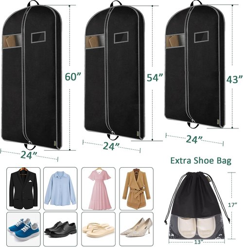 BALEINE Heavy Duty Garment Bag - Travel Essential with Shoe Storage for Dresses & Suits | 43" Black