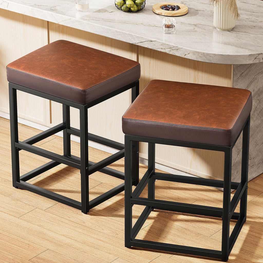 Raynesys Counter Height Bar Stools Set of 2, 24" Barstools for Kitchen Countertop, Faux Leather Counter Stools with Thick Square Seats & Sturdy Metal Base, Simple Assembly, Brown