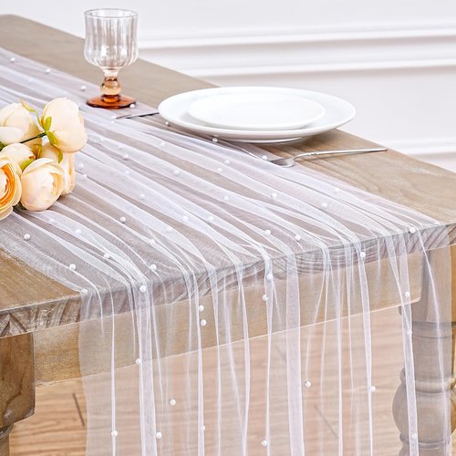 White Pearl Table Runner Tulle: 10ft Pearl Kitchen Linen 29x120 Inch Sheer Gauze Fabric for Wedding Decor Birthday Party Dining Table Cover