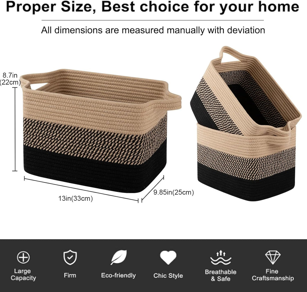 OIAHOMY Woven Storage Baskets - Cotton Rope Baskets for Toys & Towels | Pack of 3, Black & Brown