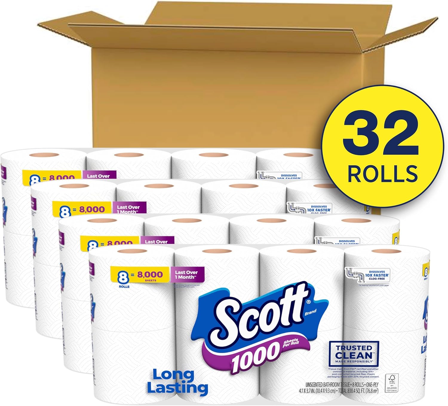 Scott 1000 Toilet Paper - Trusted Clean, Septic-Safe, 1-Ply, 32 Rolls for Ultimate Comfort