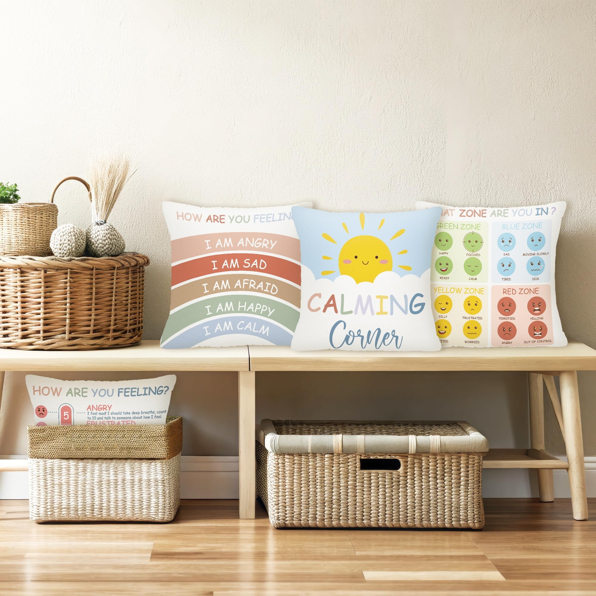 EDaozkend Boho Calming Corner Pillow Covers, 4Pcs Back to School 18x18 Boho Calm Down Corner Therapy Pillowcase for Mental Health Room Home, Emotion Feelings Pillow Covers Inspirational Gifts for Kids
