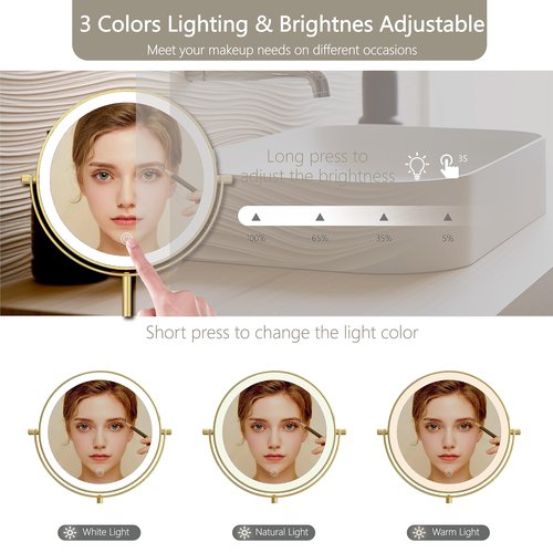 MIROAMZ 8" Lighted Makeup Mirror, 1X/10X Magnification Mirror with Lights, Double Sided Dimmable Mirrors, Rechargeable & Brightness & Height Adjustable, Cordless Vanity Mirror(Gold)