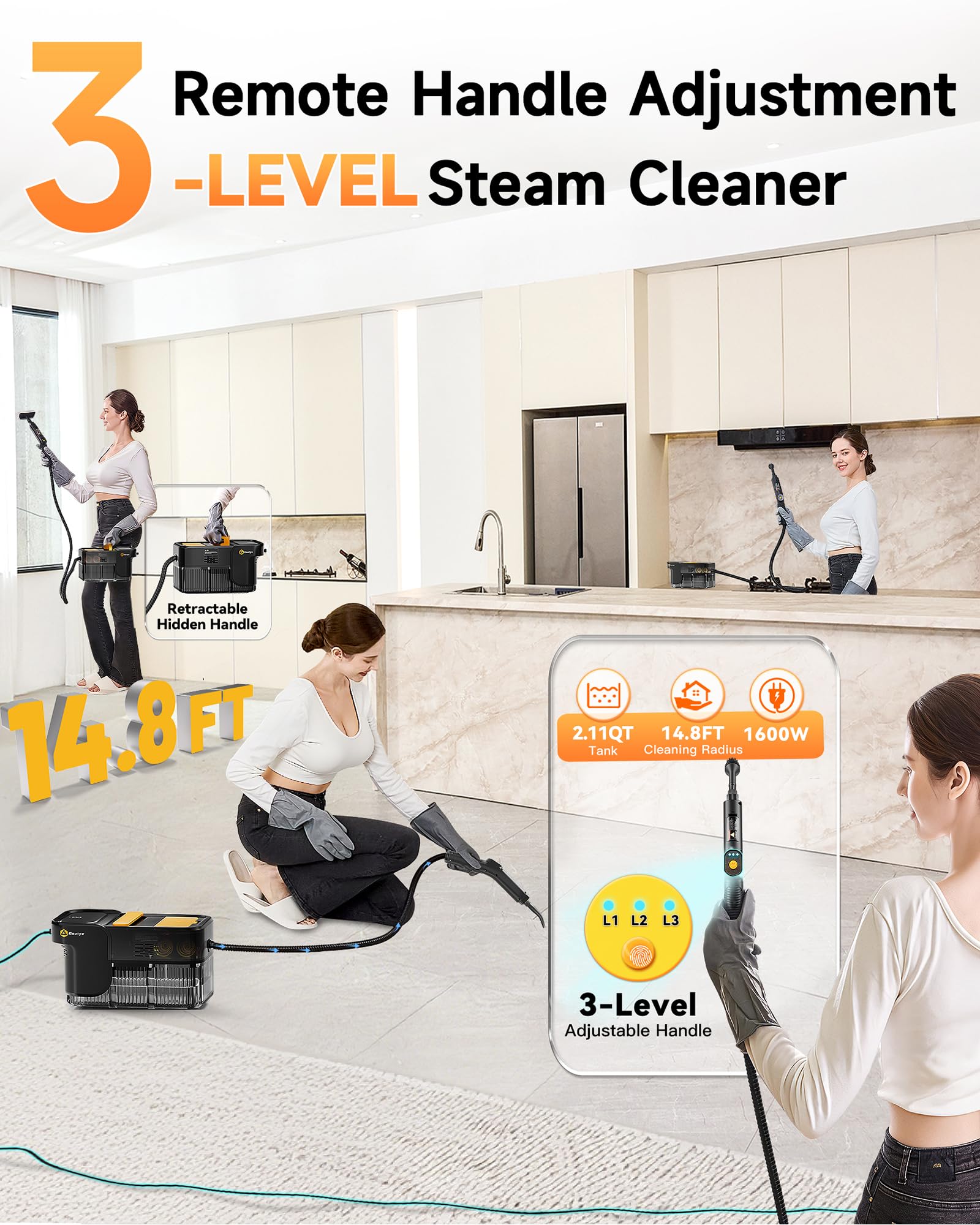 Gautye Steam Cleaner, 3 Level Adjustable Handle, 10s Heat Up, 2.11 Quarts Tank, Handheld Steam Cleaner with 18 pcs Accessories, Steam Cleaner for Home for Floor, Dirt, Grease, Grout, Tile, Car