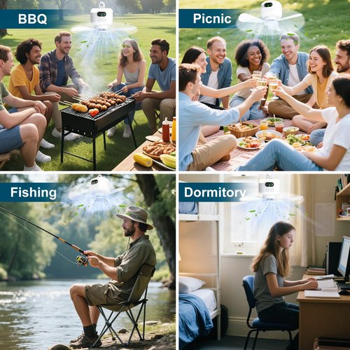 xeamun Portable Camping Fan, 10.6 Inch Tent Ceiling Fan,Rechargeable 8000mAh with Light & Hook,Timable & Auto Shut Off,Detachable Fan Blade, Used for Tent Canopy RV Porch Beach Bedroom