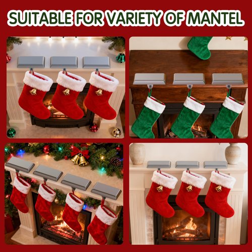 GloTika Christmas Stocking Holders for Mantle Set of 6, Heavy Duty Stocking Holder Hooks for Fireplace Tabletop Shelf Christmas Ornaments, Cast Iron Stocking Hangers Base, Sliver