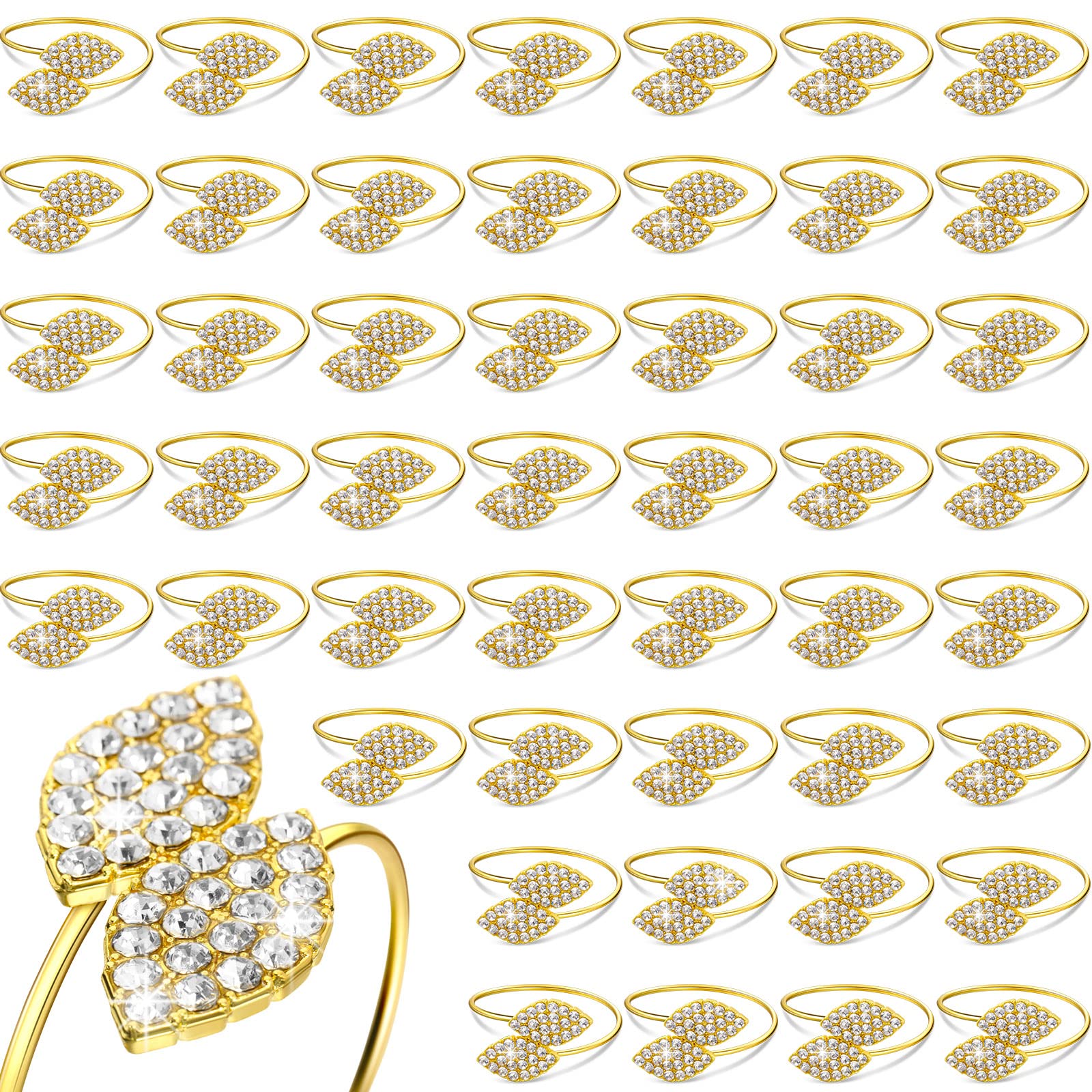 Hotop 150 Pcs Gold Napkin Rings Gold Table Decorations, Elegant Bling Leaves Napkin Rings, Rhinestone Guest Towels Buckle for Holiday Gather Party, Wedding Dinner Banquet Table Decoration