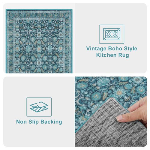 KIMODE Kitchen Rugs Sets of 3, Boho Oriental Kitchen Rugs Non Skid Washable, Turquoise Long Kitchen Mats for Floor, Comfort Cushioned Kitchen Runner Rug for Kitchen Hallways Laundry Sink Bathroom