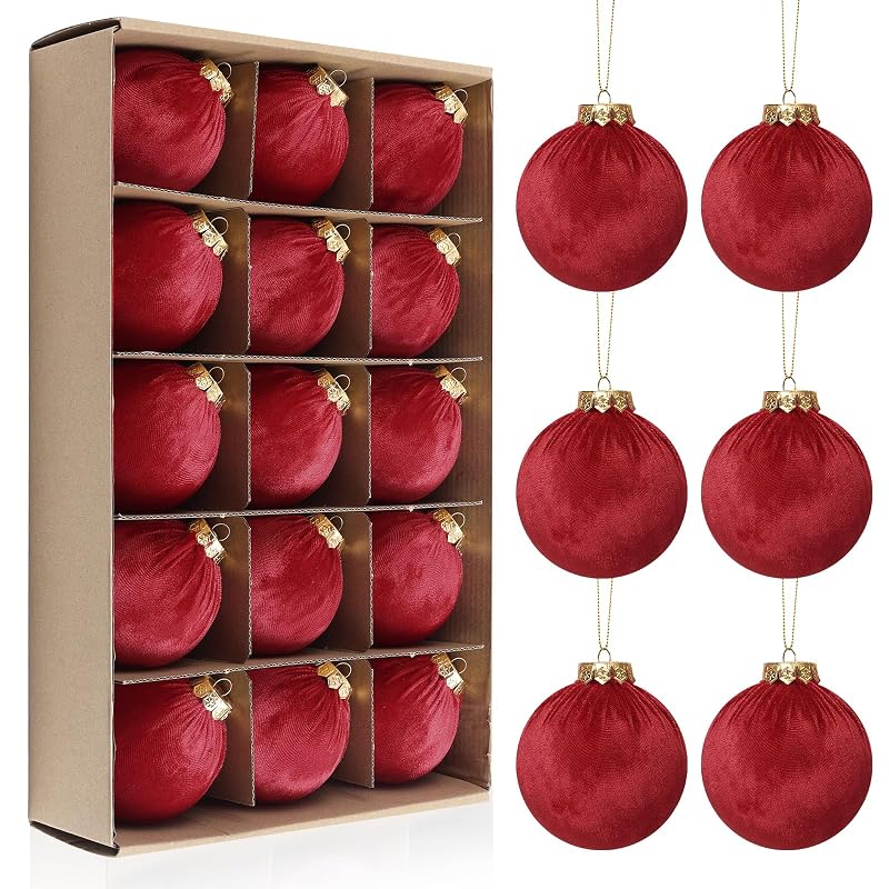 ZenNex Velvet Christmas Ball Ornaments 15 Pack 3.15in Red - Variation Red