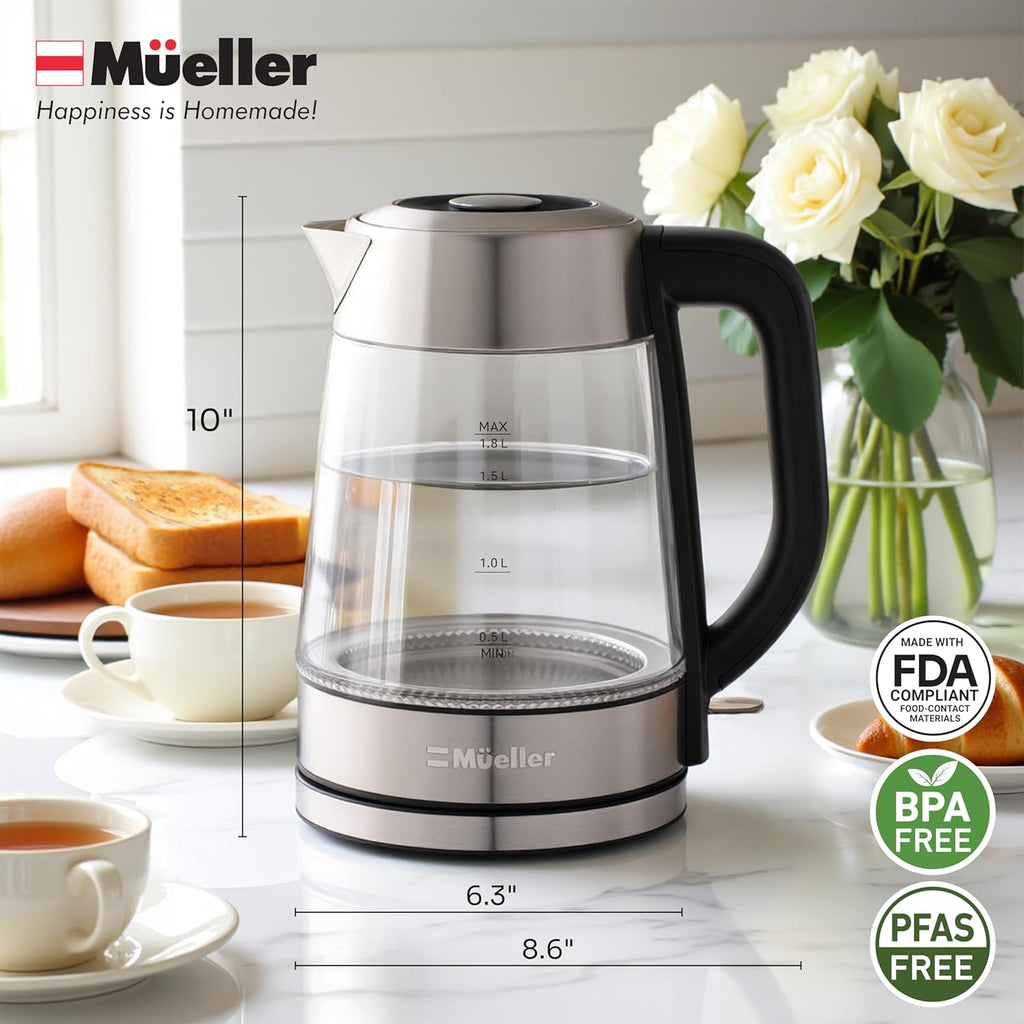 Mueller Rapid Boil Electric Tea Kettle - 1.8L Borosilicate Glass & Stainless Steel - BPA-Free, Auto Shut-Off & LED Light