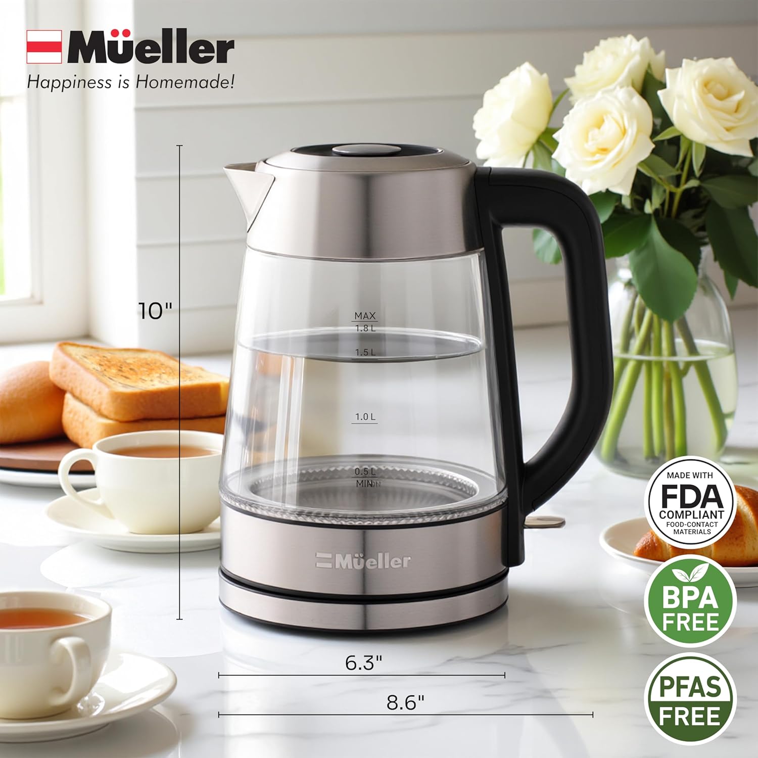 Mueller Rapid Boil Electric Tea Kettle - 1.8L Borosilicate Glass & Stainless Steel - BPA-Free, Auto Shut-Off & LED Light