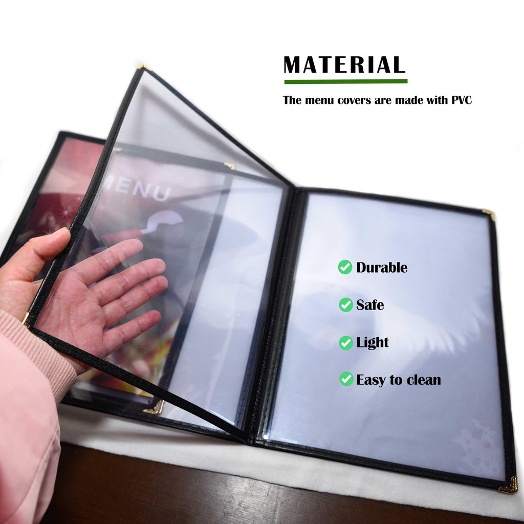 Restaurant Menu Covers Set 20 - Transparent Menu Covers 8.5" x 11" - 4 Page 8 View Menu Holder Black Folder for Bar Café
