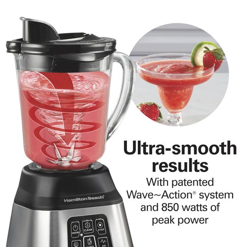 Hamilton Beach Blender for Smoothies with 5 Functions Including Auto Smoothie Cycle, Wave Action System for Ultra Smooth Results, 850 Watts, 40oz BPA Free Glass Jar, Stainless Steel (56208)