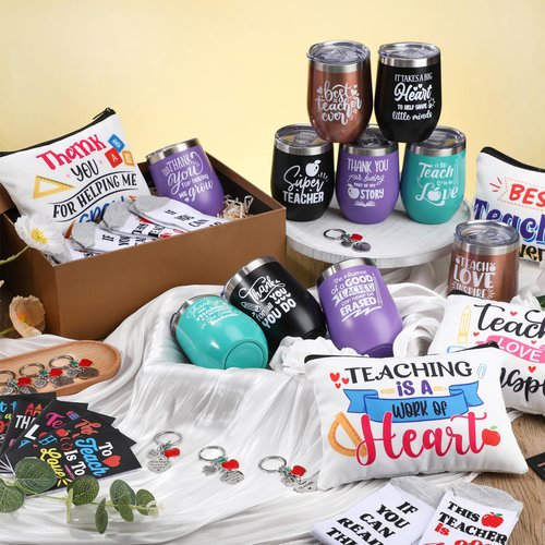 Lemosae 60 Pcs Teacher Appreciation Gifts Set, Teachers Day Gifts Bulk 12 Wine Tumbler 12 Makeup Bags 12 Mini Notepads 12 Socks 12 Keychains Graduation Students Thanks Teacher Gift(Classic)