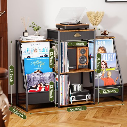 JunVpic Record Player Stand with Vinyl Storage – Record Table with Holder,6-Bin Vinyl Storage Rack & Drawer, Dual Side Display Shelves,Holds 200+ Albums,Turntable Stand for Living Room,Bedroom (Brown)