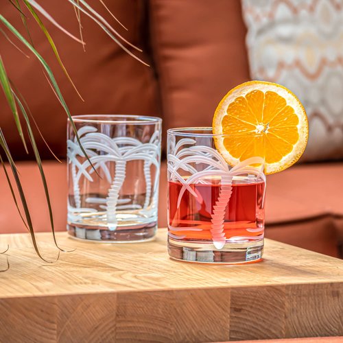 Rolf Glass Palm Tree Double Old Fashioned Glass 13 ounces | Engraved Whiskey Glasses | Lead-Free Tumbler Glass | Proudly Made in the USA (Set of 4)