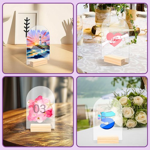 Bercoor 5 Pack 4x6 Inch Blank Clear Arch Acrylic Sign with Wooden Stands, Arched Round Top Acrylic Sheet, DIY Acrylic Arch Table Numbers for DIY Name Card Gifts Event Party Sign Decoration
