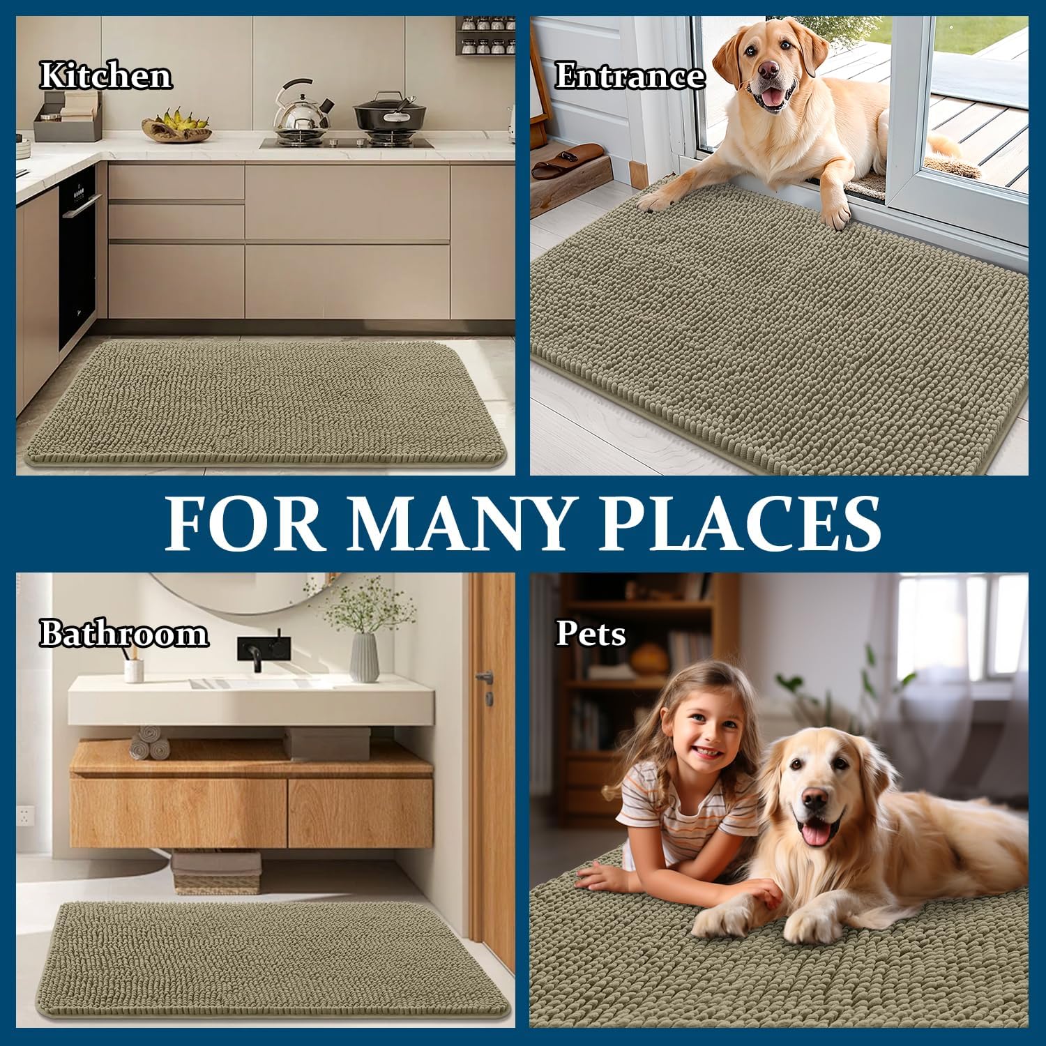 OLANLY Dog Door Mat - Absorbent Non-Slip Mud Mat for Indoor Use | 70x32, Quick Dry Chenille, Warm Taupe