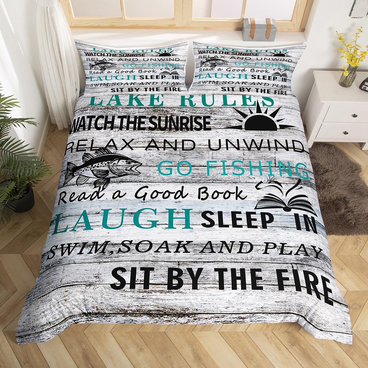Feelyou Lake House Duvet Cover Fishing Bedding Set for Kids Boys Girls Camping House Comforter Cover Wooden Stripes Texture Bedspread Cover 1 Duvet Cover with 2 Pillowcases Queen Size (No Comforter)