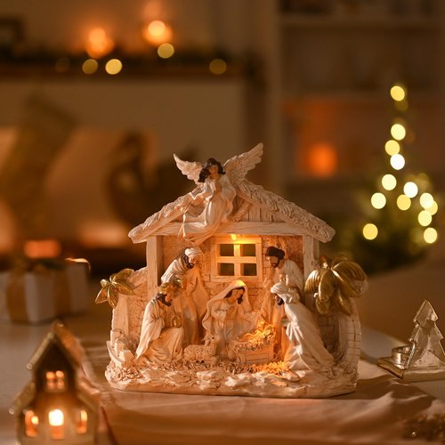 Valery Madelyn Christmas Nativity Figurines with LED Lights, Large White Gold Holy Family Nativity Scenes Resin Manger for Xmas Indoor Home Table Fireplace Holiday Decorations, 10.6 Inch Tall