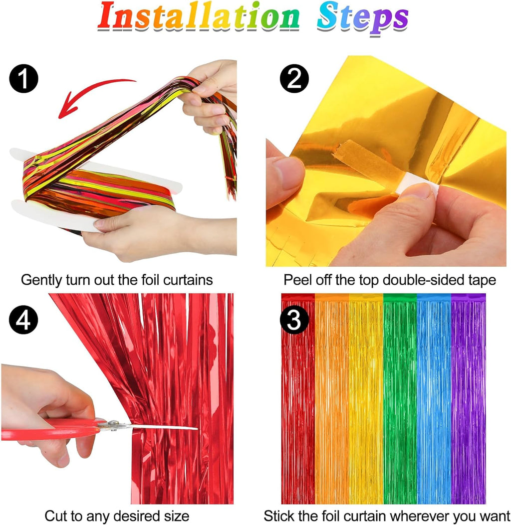 ZATAYE Rainbow Backdrop - 4 Pack Metallic LGBT Party Decor | 3.28 FT x 7.05 FT Tinsel Streamers