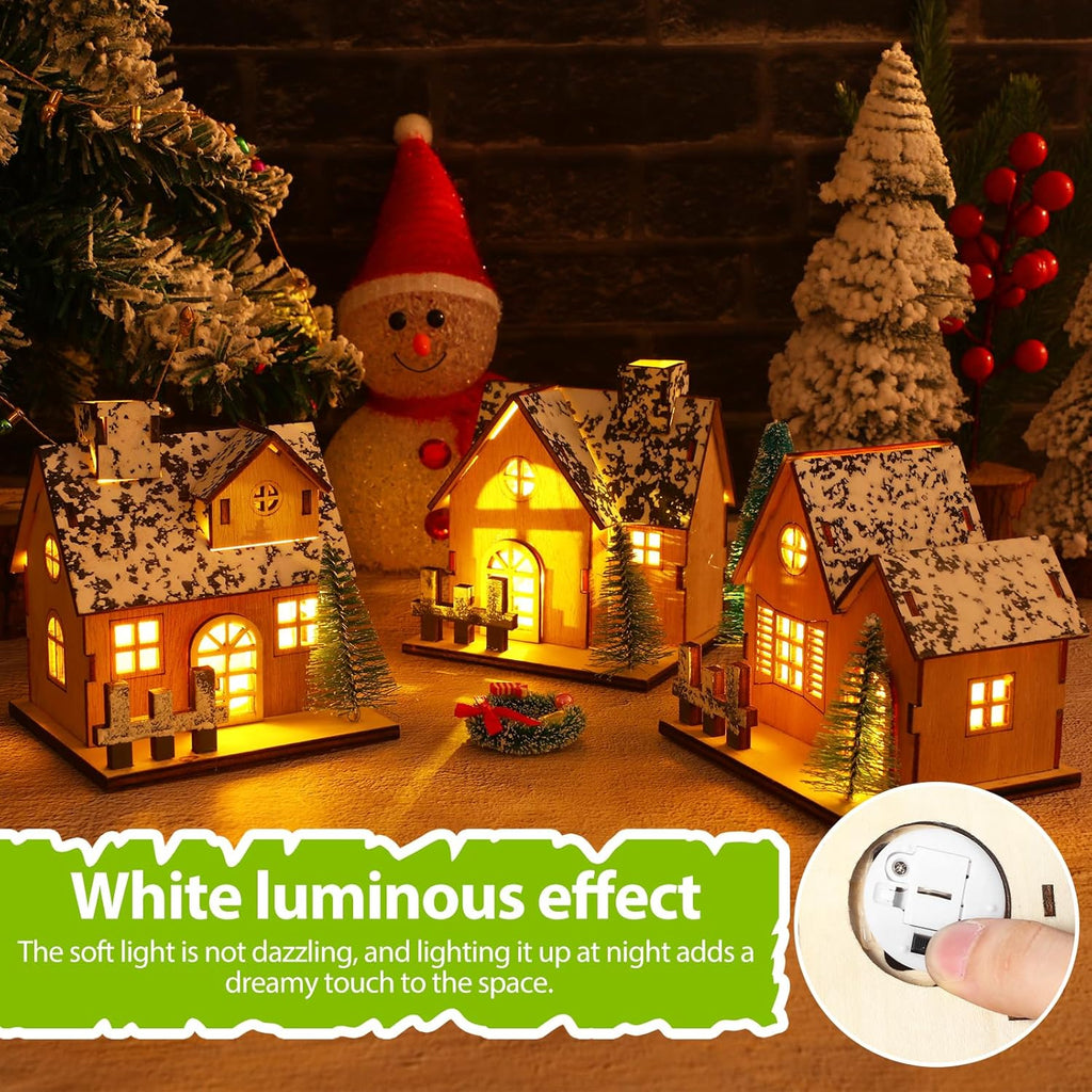 Toyvian Christmas Village Houses Set - 3 Pcs Wooden LED Lighted Ornaments for Table Decor (Brown)
