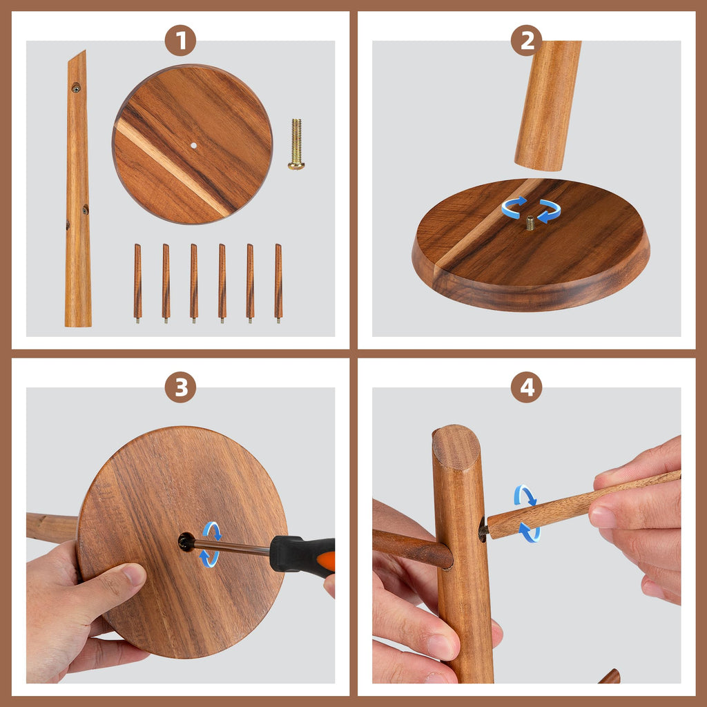 E-ROOM TREND Coffee Mug Holder Countertop Natural Acacia Wood Mug Tree, Wooden Mug Organizer with 6 Hooks for Kitchen Coffee Bar, Easy to Assemble, Ideal for Small to Medium Mugs