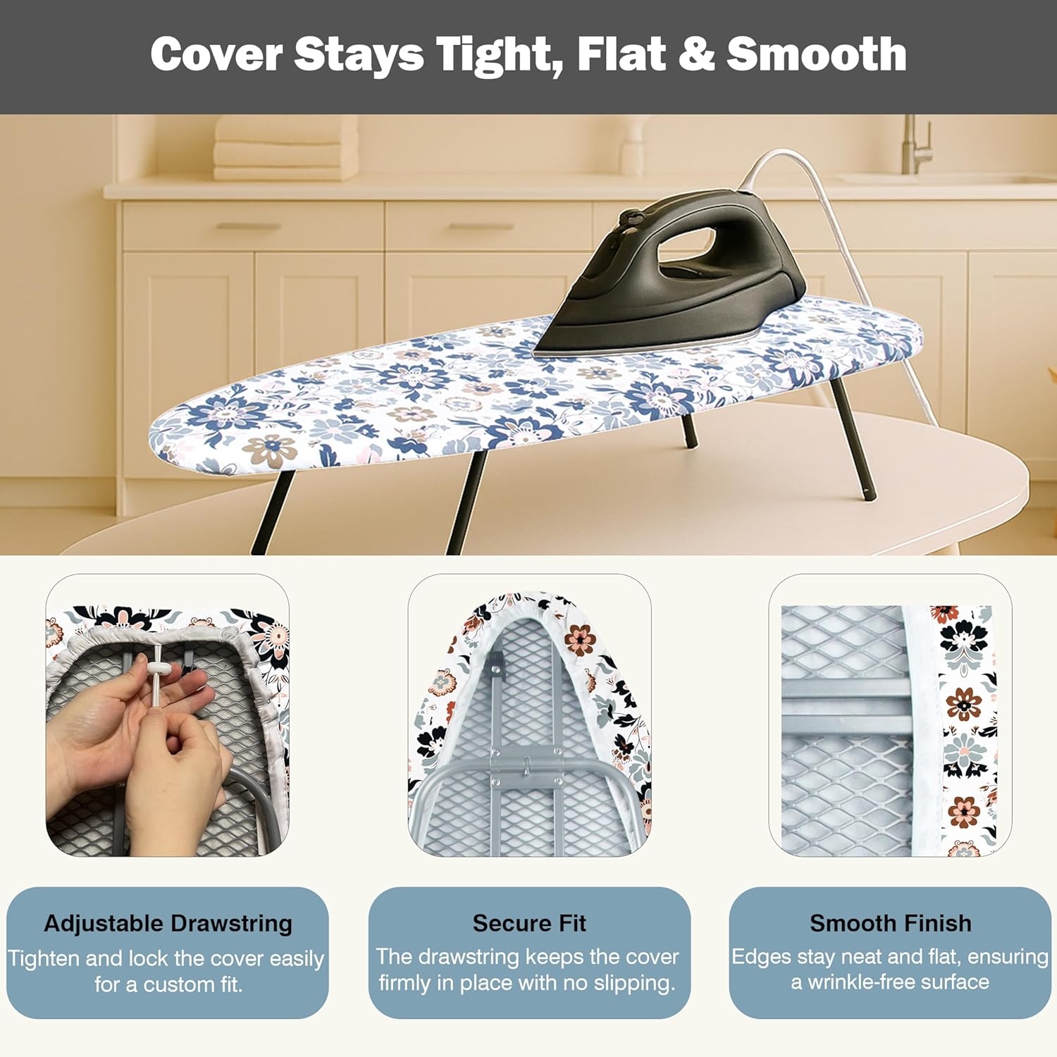 UniSimp Ironing Board Cover - Heat Resistant Cotton Canvas with Padding | 12"x32" Floral Design