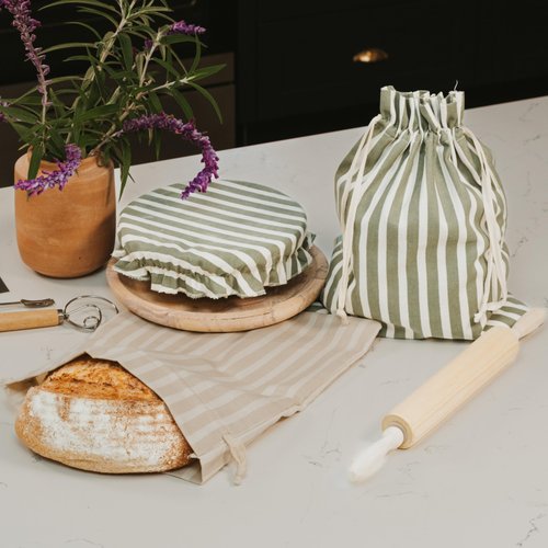 KIBAGA Beautiful Linen Bread Bag Set and Proofing Cover For Homemade Sourdough Bread - Keeps Your Loaf Fresh for Days - Reusable and Easy to Clean Storage Bag, The Perfect Baking Accessories