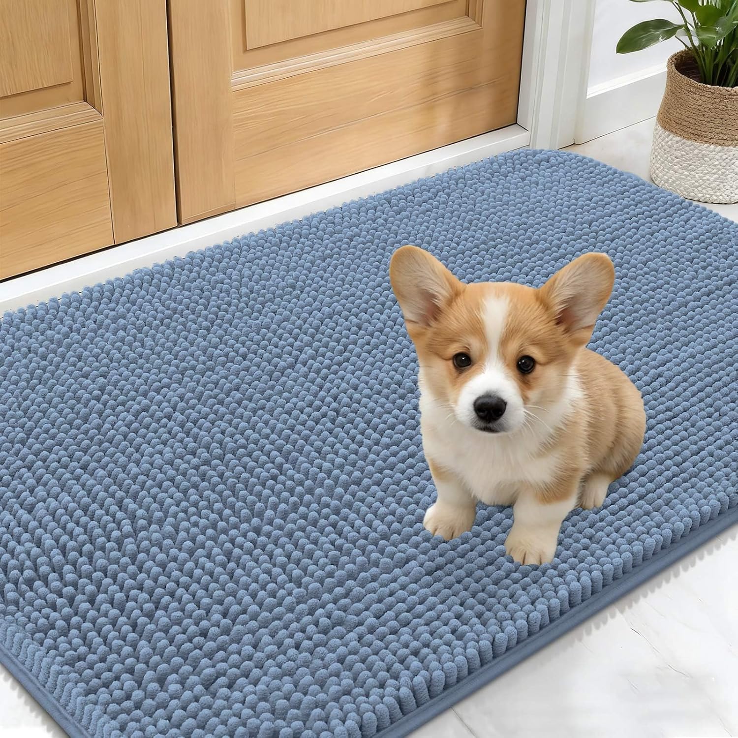 OLANLY Dog Door Mat - Absorbent Non-Slip Washable Doormat for Muddy Paws | 24x16 Airy Blue