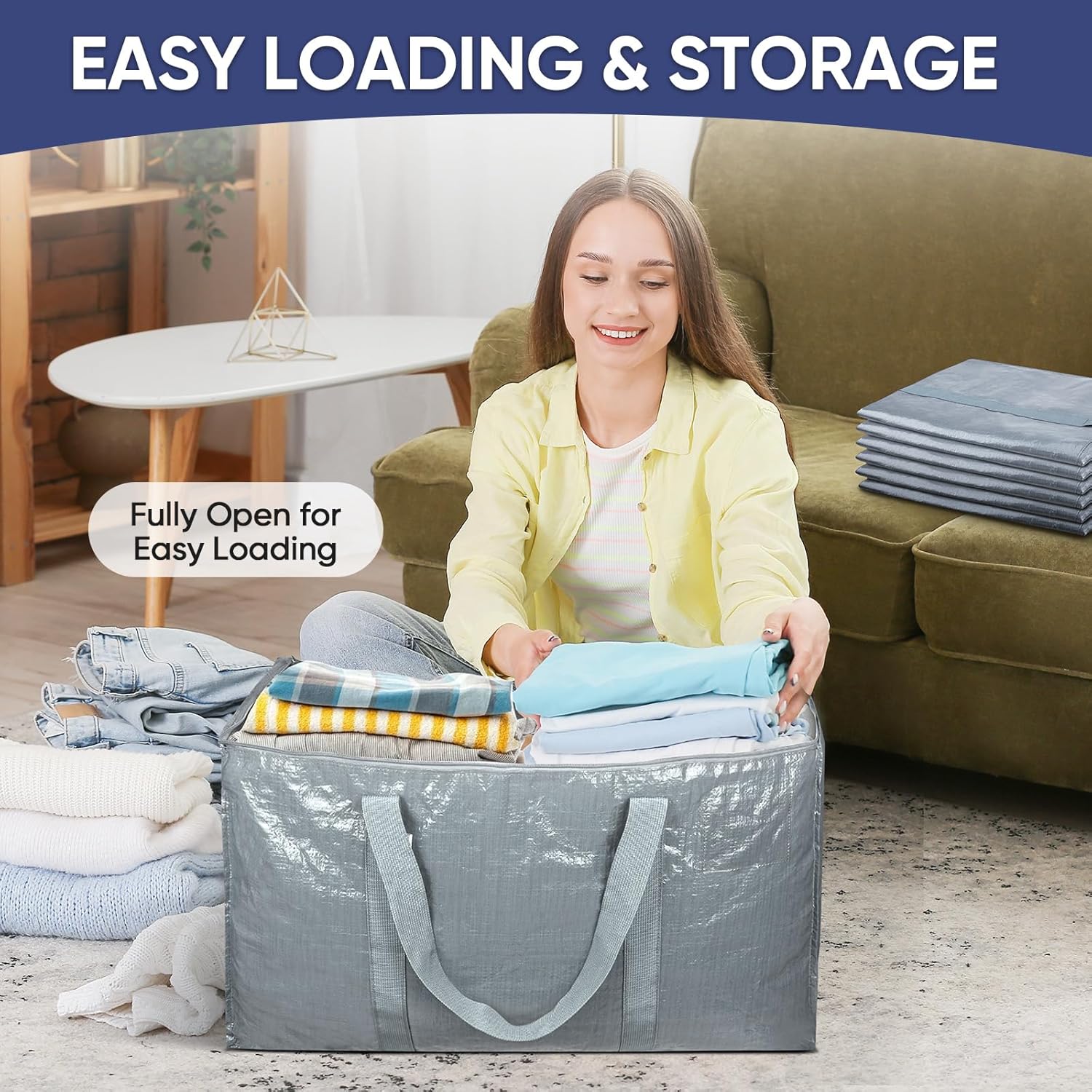 TICONN Extra Large Heavy-Duty Moving Bags - Durable Storage with Zippers & Handles | Light Grey (2 Pack)