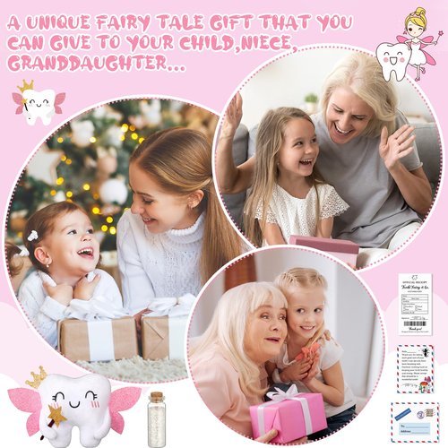 Threehoney Tooth Fairy Pillow Kit Includes Toothfairy Pillow with Pocket Fairy Glitter Receipt Envelope Card, Toothfairy Plush Keepsake Gift for Kids Boys Girls Souvenir (Cute Style)