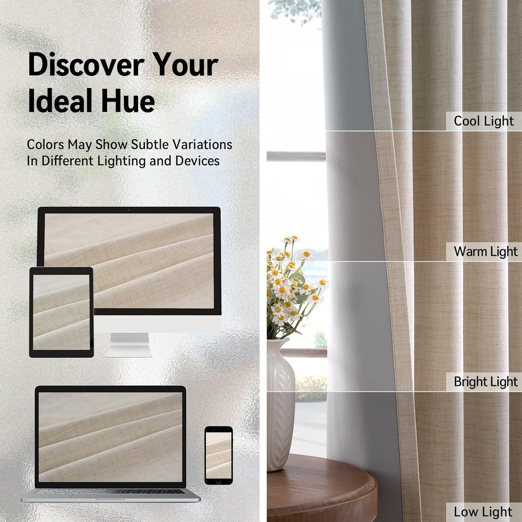 Skiennix 100% Blackout Linen Curtains - Thermal Insulated Drapes for Bedroom & Living Room | Oatmeal, 50" W x 84" L, 2 Panels