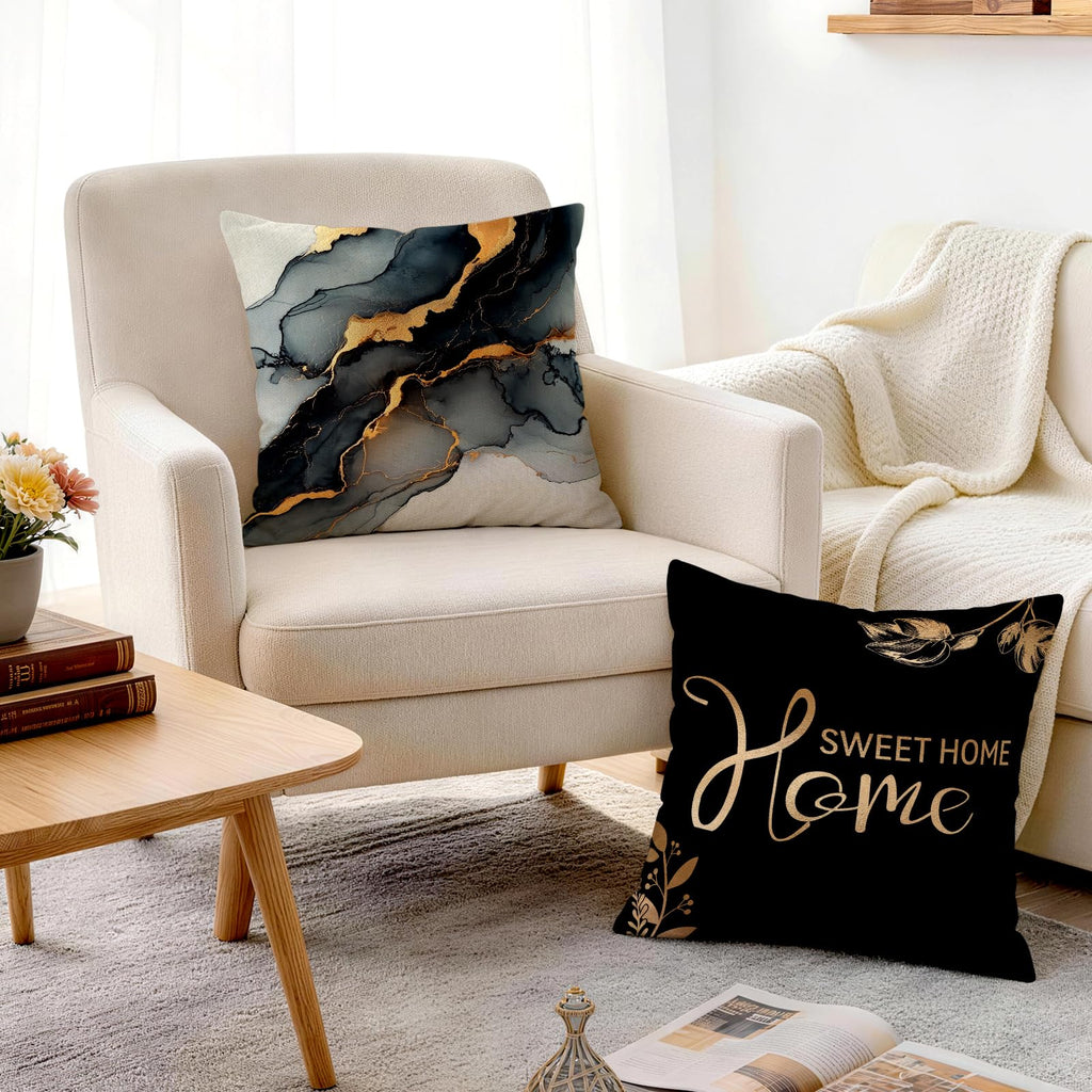 BEWQ Bless Home Black Gold Marble Throw Pillow Covers, 18X18 inch Set of 4 Square Modern Outdoor Pillow Cases Decorative Cushion Covers, for Home Couch Sofa Car Decor