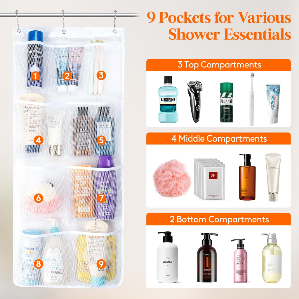 Lifewit Cruise Essentials Shower Caddy Must-Have, 9 Pockets Hanging Bathroom Organizer with Quick-Dry Mesh, Portable Shower Bag to Storage Soap, Shampoo, for RVing, Travel, Camping, White, 1 Pack