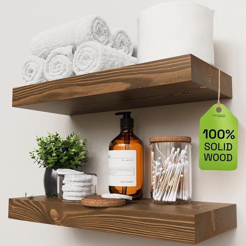 BAOBAB WORKSHOP Walnut Floating Shelves - 16 Inch Wall-Mounted Solid Wood Set of 2 for Kitchen & Bathroom
