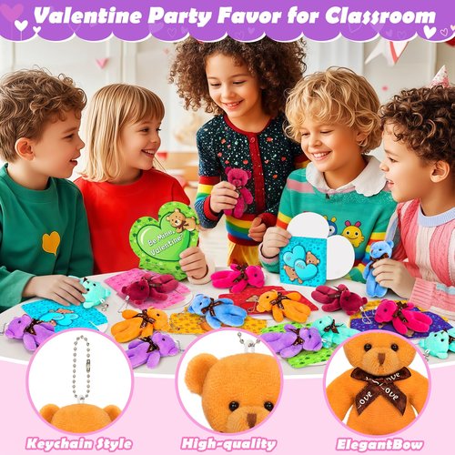 BAYSING Valentines Day Cards for Kids School, 24 Pack Stuffed Bears Keychains Plush Toys, Valentine Day Party Favors for Boys Girls, Ideal Exchange Cards for Classroom
