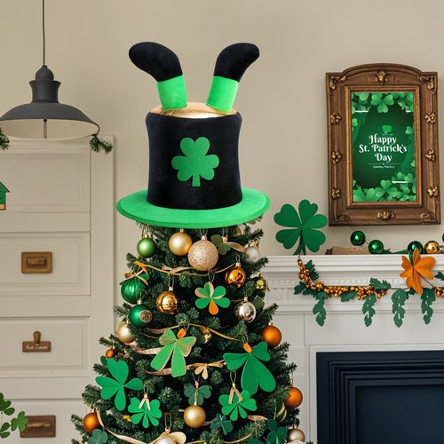 codree St. Patrick Day Tree Topper Hat, St. Patrick's Elf Legs Velvet Hat Tree Topper, Irish Green Shamrock Top Hat Tree Decoration for St. Patrick's Day Holiday Home Party Decor Fancy Dress Costume
