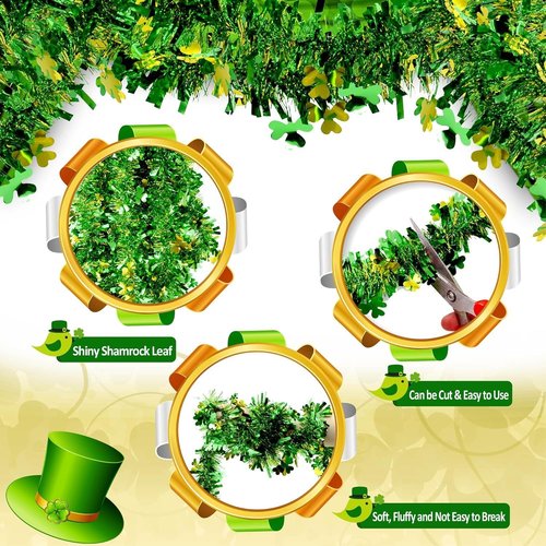 Gold Green Shamrock Tinsel Garland 33FT | Shiny Metallic Streamer Twist for Hanging St Christmas Decorations, Indoor Outdoor