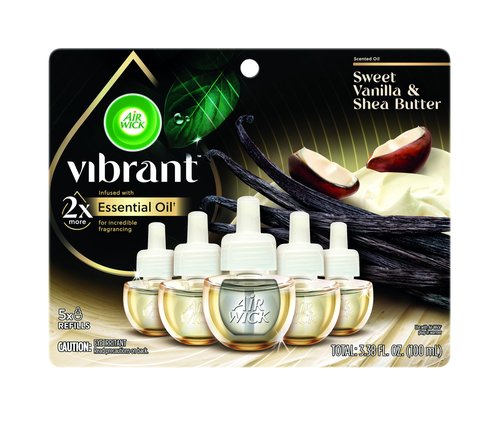 Air Wick Vibrant Plug In Scented Oil Refill, Infused with Essential Oils, Plug In Air Fresheners for Home, Sweet Vanilla & Shea Butter, 5 ct