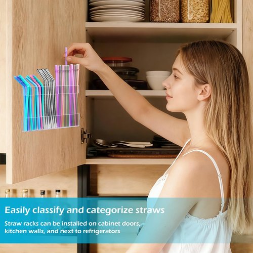 2Pack 9.5" Large Acrylic Straw Holder for Cabinet Door – Kitchen Cabinets Straws Organizer, Reusable Tumbler, Small Kitchens Accessories Storage Container (Transparent)