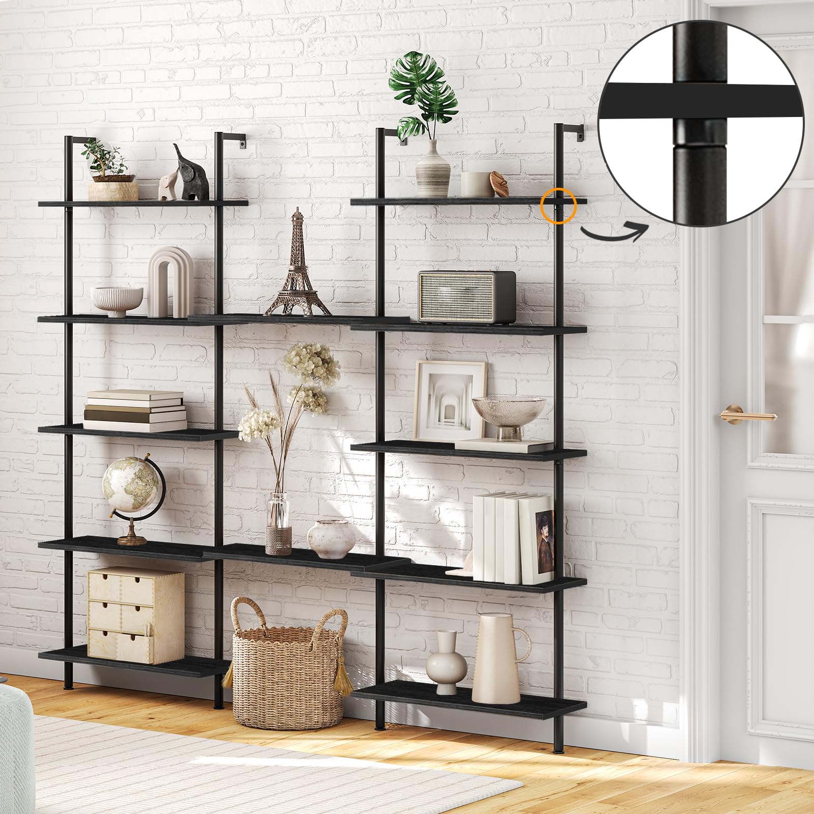 HOOBRO DIY Ladder Shelf, 6-Tier Wall Mounted Bookshelf, Office Vertical Bookcase, Wooden Storage Shelves for Home Office, Bedroom, Black BB65CJ01