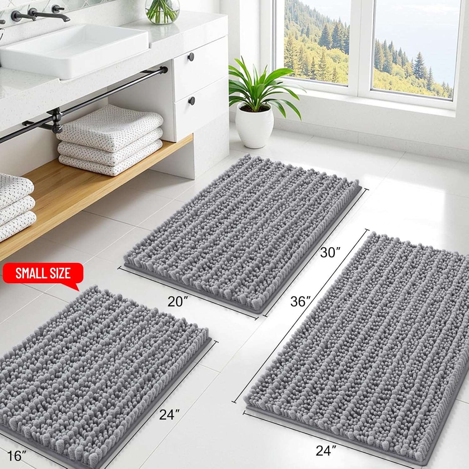 Smiry Bathroom Rugs - Extra Soft Chenille Bath Mat with Non-Slip Backing | 30x20 Inches, Grey