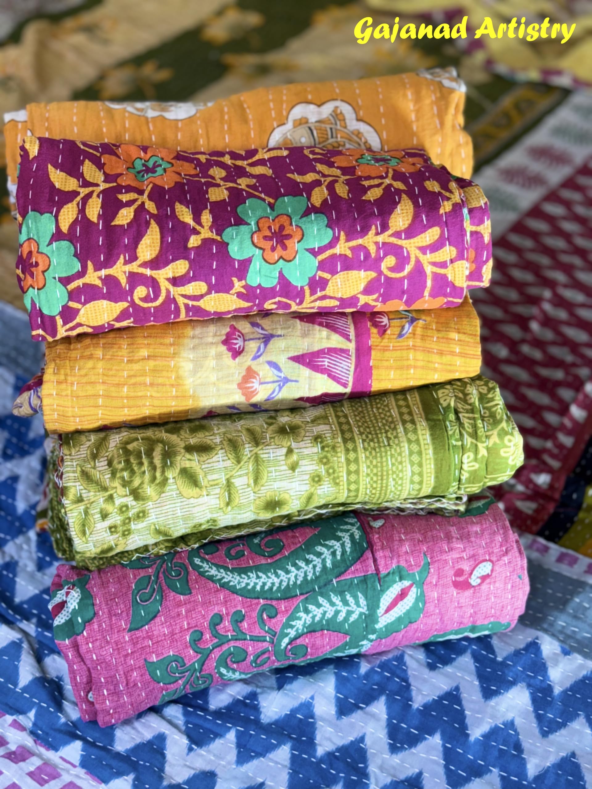 Gajanad Artistry 5 Piece Handmade Indian Vintage Kantha Quilts Reversible Bohemian Home Decor Blanket – Assorted Color Twin Size 85X55 Inches