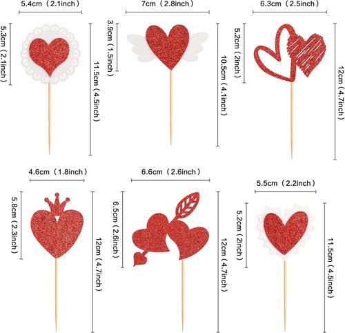 Ercadio Red Heart Cupcake Toppers - Glittery Valentine's Day Picks for Bridal Showers & Engagements | 24 Pack