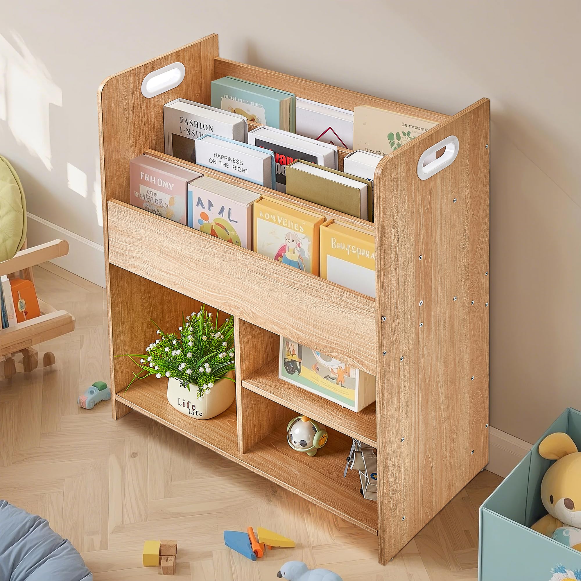 VECELO Kids Bookshelf with Toy Storage - Wooden Nursery Organizer for Books & Toys, Easy Assembly Playroom Shelf (Teak)