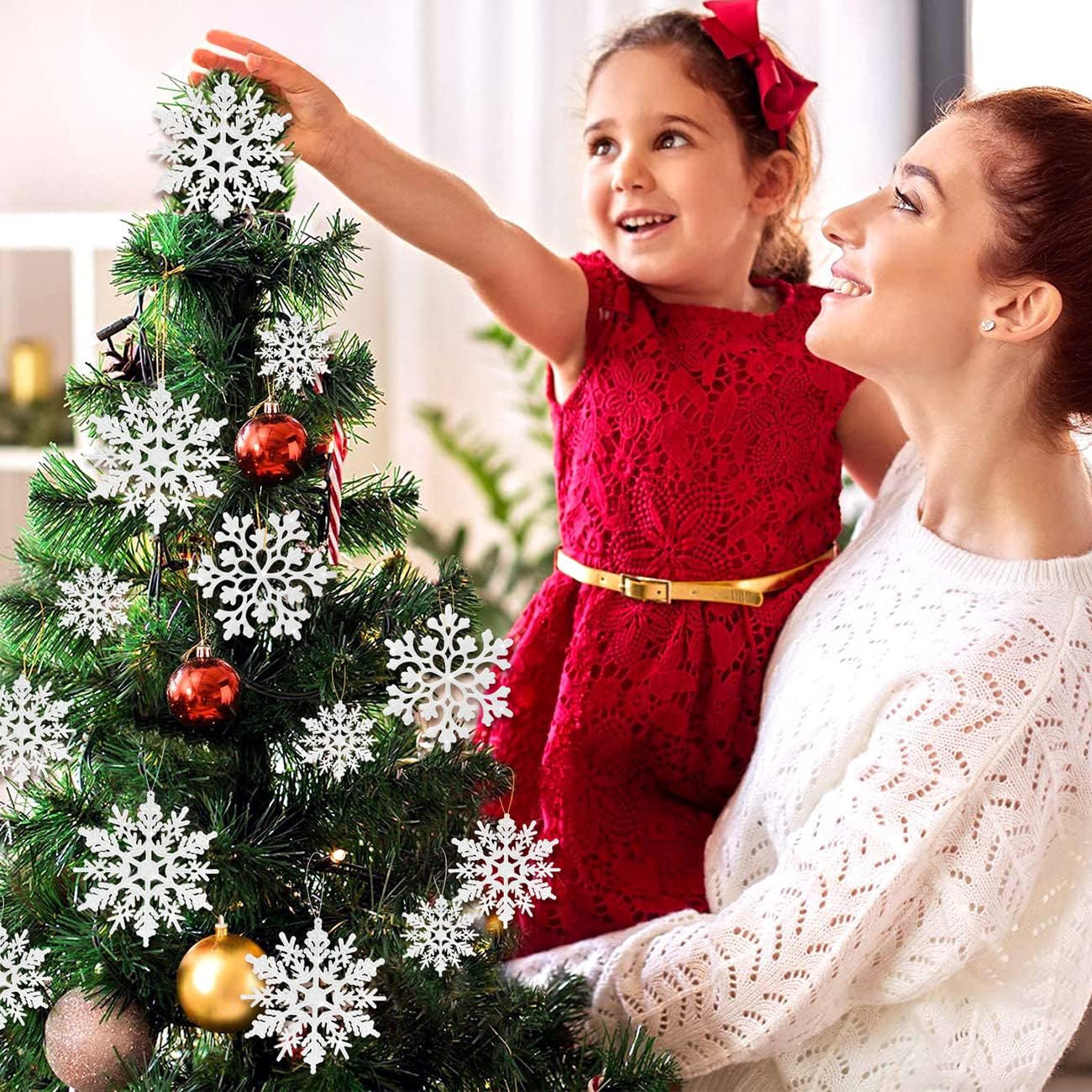 Skiennix 46Pcs Plastic Snowflake Ornaments - Glittery Winter Tree Decorations | White with Silver Rope